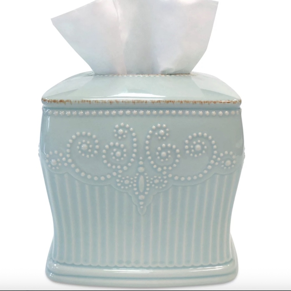 Lenox American by Design French Perle Groove Sq. Ceramic Tissue Holder- Ice Blue